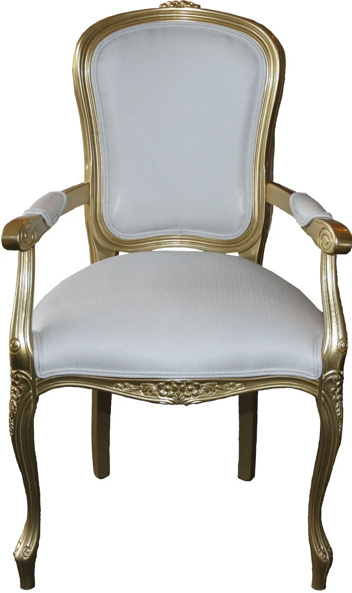Casa Padrino Barock Esszimmer Stuhl mit Armlehnen Weiss / Gold - Designer Stuhl - Luxus Qualität