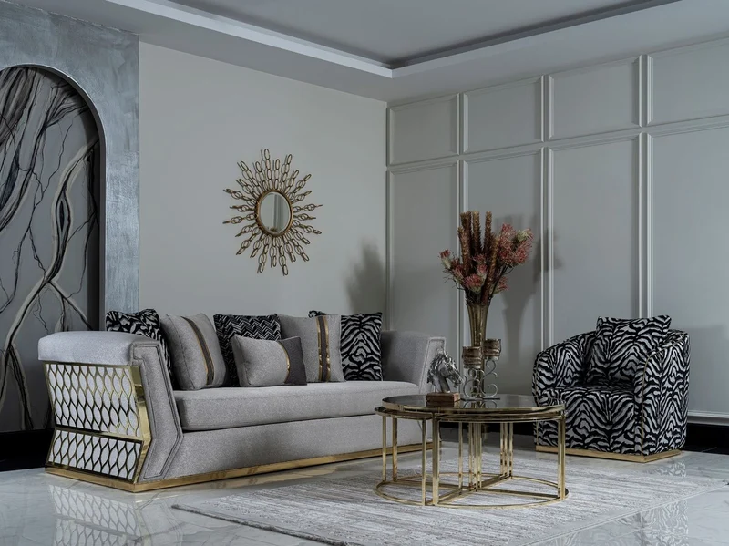 Casa Padrino Luxus Sofa Grau / Gold - Elegantes Wohnzimmer Sofa mit dekorativen Kissen - Luxus Wohnzimmer Möbel