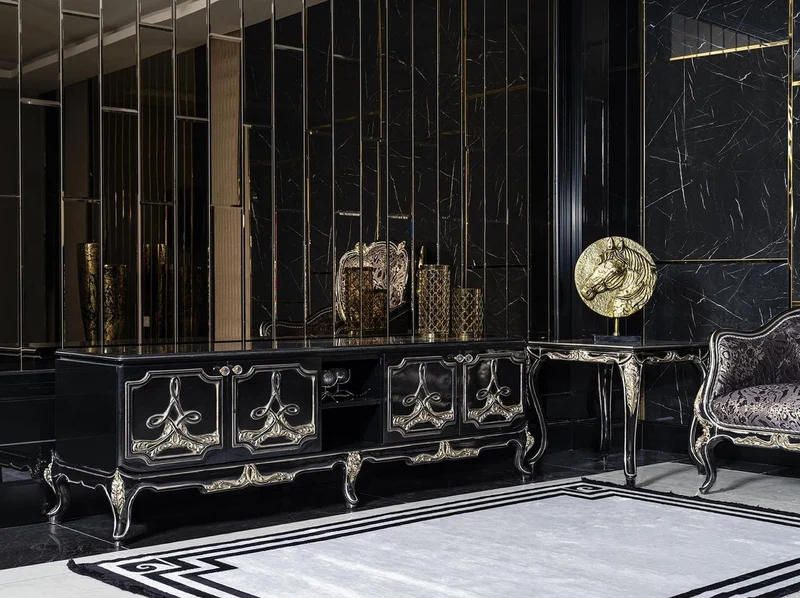 Casa Padrino Luxus Barock TV Schrank Schwarz / Gold - Prunkvolles Wohnzimmer Sideboard mit 4 Türen - Barock Wohnzimmer Möbel