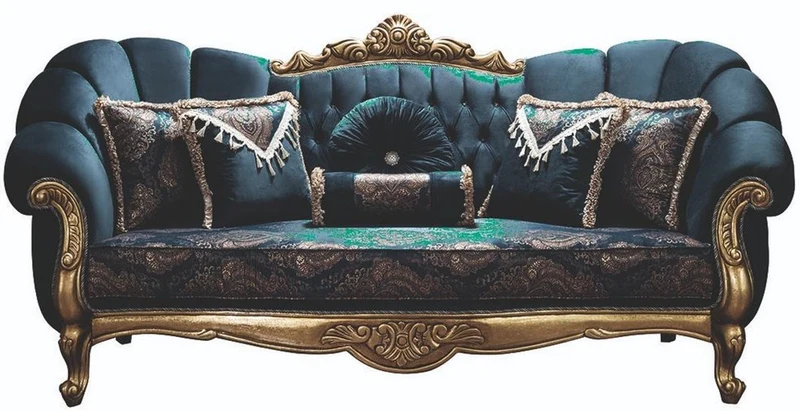 Casa Padrino Luxus Barock Sofa Blau / Gold 220 x 90 x H. 110 cm - Prunkvolles Wohnzimmer Sofa mit Glitzersteinen und dekorativen Kissen