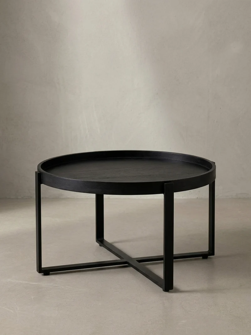 Couchtisch Schwarz Mango Massivholz Metall, Rund mit erhöhtem Rand, 60x60x35 cm