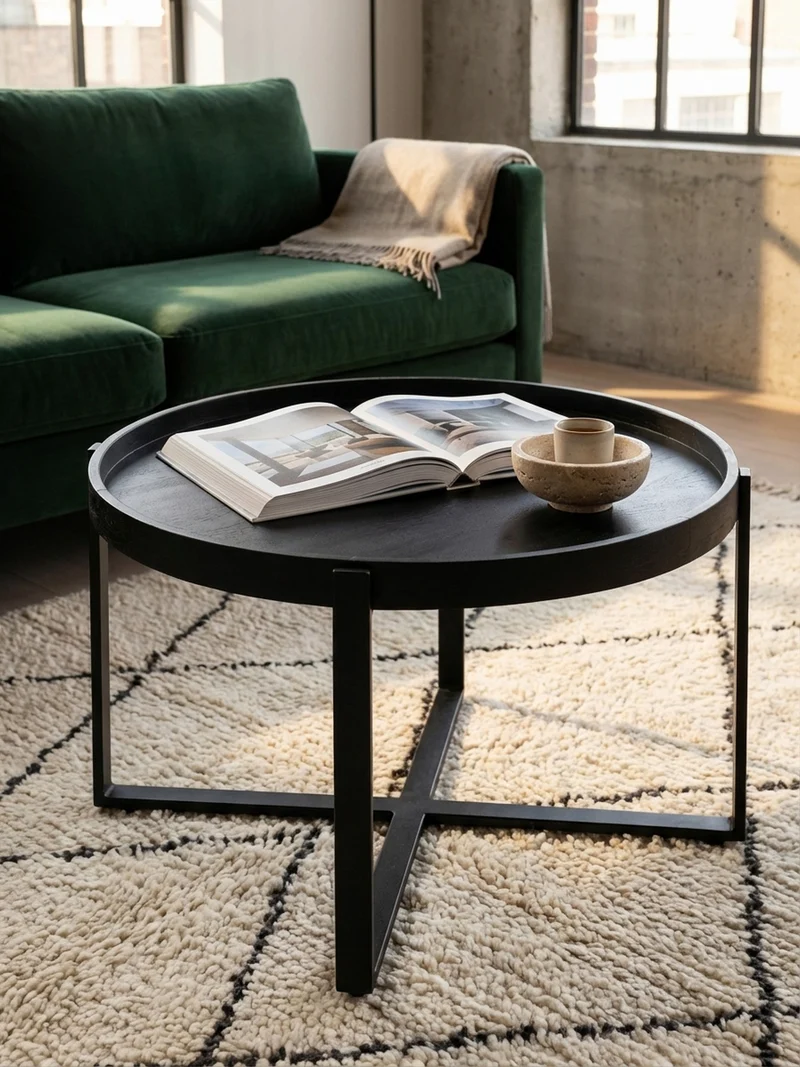 Couchtisch Schwarz Mango Massivholz Metall, Rund mit erhöhtem Rand, 60x60x35 cm