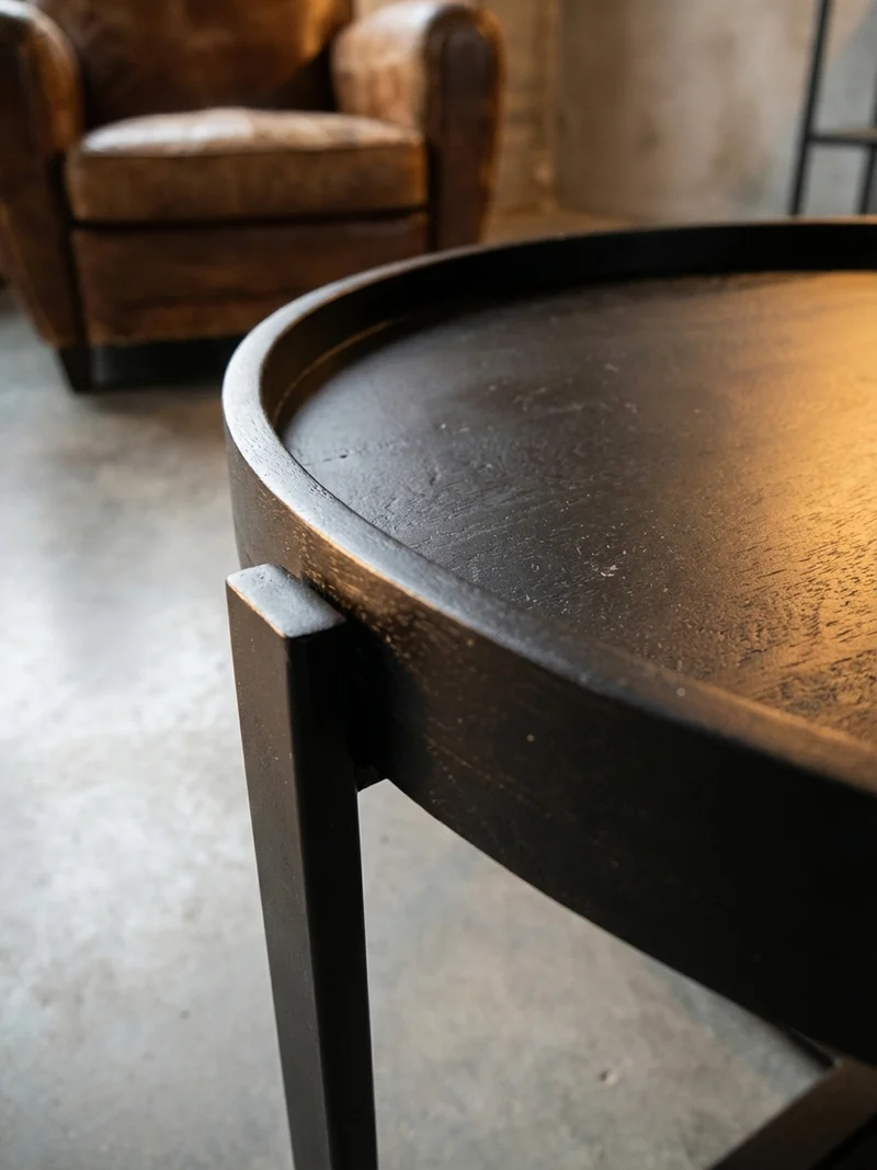 Couchtisch Schwarz Mango Massivholz Metall, Rund mit erhöhtem Rand, 60x60x35 cm