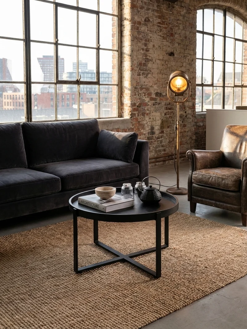 Couchtisch Schwarz Mango Massivholz Metall, Rund mit erhöhtem Rand, 60x60x35 cm
