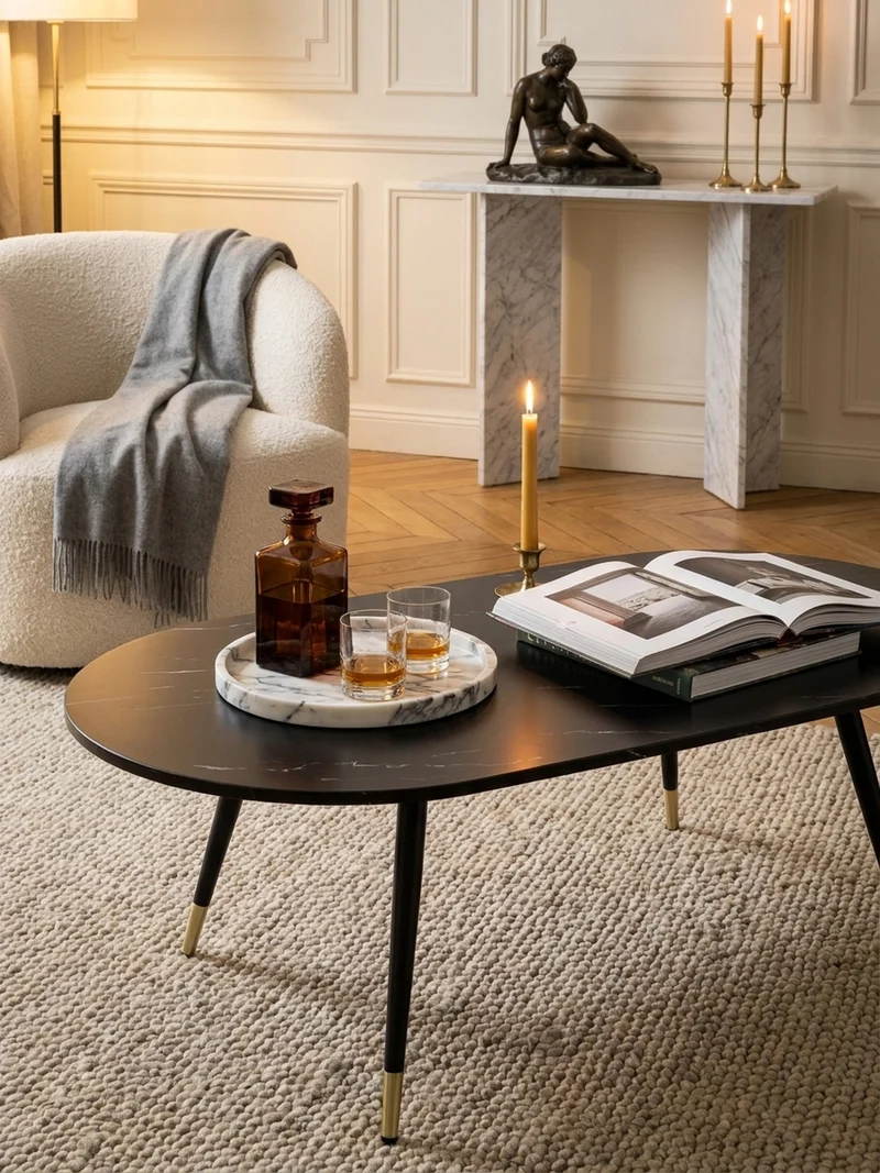 Couchtisch oval in Marmor-Optik – mit Metallgestell im modernen Design