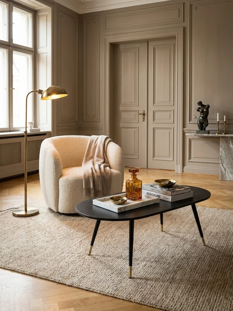 Couchtisch oval in Marmor-Optik – mit Metallgestell im modernen Design