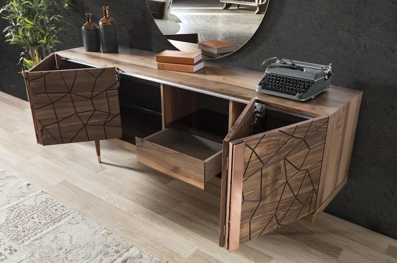 Casa Padrino Luxus Möbel Set Braun / Kupfer - 1 Sideboard mit 4 Türen & 1 Spiegel - Moderne Massivholz Möbel - Luxus Kollektion