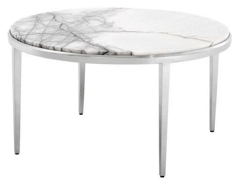Casa Padrino Luxus Couchtisch Weiß / Silber Ø 65 x H. 36 cm - Runder Wohnzimmertisch mit Marmorplatte