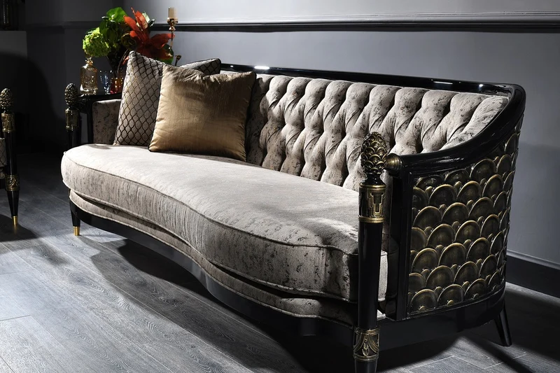 Casa Padrino Luxus Barock Chesterfield Sofa Silbergrau / Schwarz / Gold 231 x 94 x H. 83 cm - Barock Wohnzimmermöbel