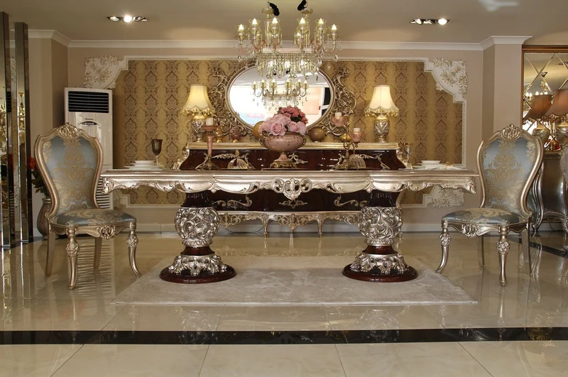 Casa Padrino Luxus Barock Esszimmerstuhl Hellblau / Beige / Silber - Prunkvoller Massivholz Küchenstuhl mit elegantem Muster - Barock Esszimmer Möbel