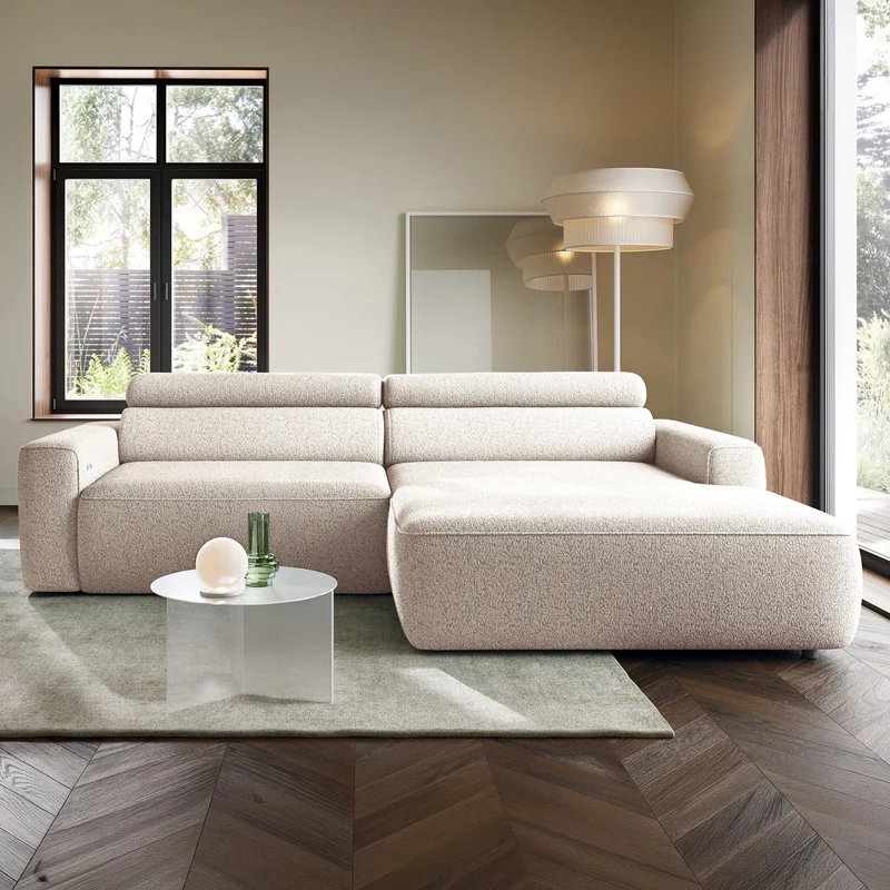 Ecksofa mit elektrischem Auszug Fando, L-förmig, rechtsseitig, hellbeige, Geflecht
