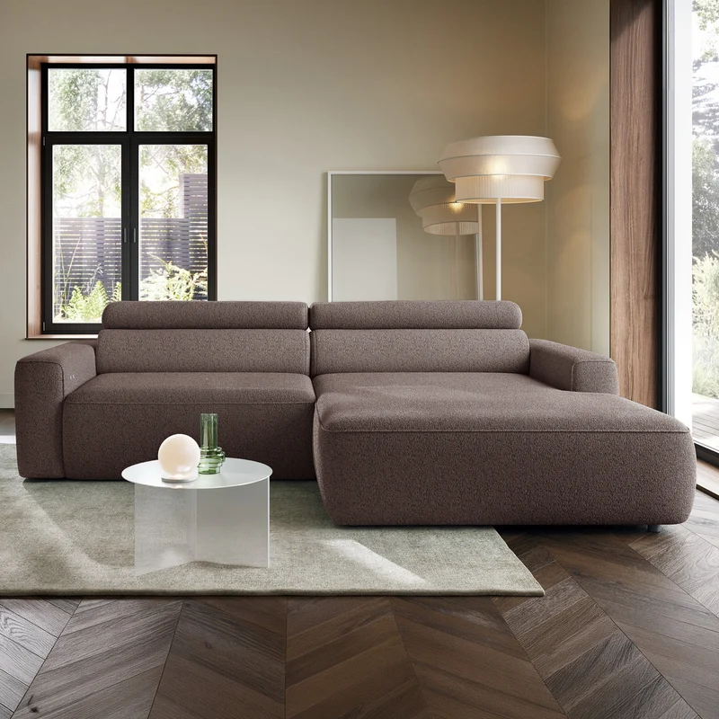 Ecksofa mit elektrischem Auszug Fando, L-förmig, rechtsseitig, hellbraunes Geflecht