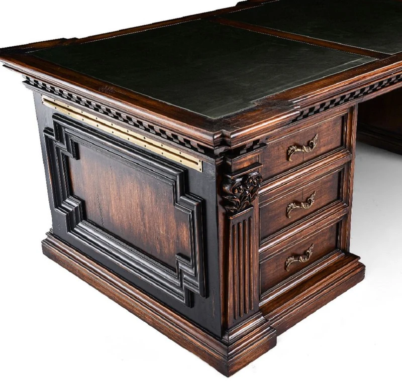 Casa Padrino Luxus Landhausstil Schreibtisch Braun / Schwarz / Grün 243,5 x 99 x H. 79 cm - Massivholz Bürotisch - Landhausstil Büro Möbel - Massivholz Büro Möbel - Luxus Büro Möbel