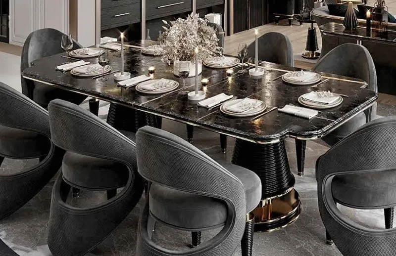 Casa Padrino Luxus Esszimmer Stuhl 8er Set Grau / Schwarz / Gold 57 x 60 x H. 85 cm - Esszimmer Möbel - Restaurant Möbel - Hotel Möbel - Luxus Möbel - Luxus Kollektion