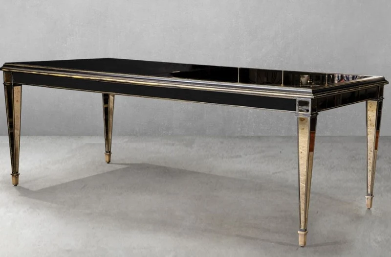Casa Padrino Luxus Art Deco Esstisch Schwarz / Messing 213 x 99 x H. 77,5 cm - Verspiegelter Küchentisch im Art Deco Stil - Luxus Art Deco Esszimmer Möbel