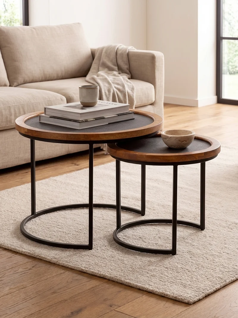 Couchtisch Set – 2-teilig Rund Mango Massivholz Steinoptik Metall Braun Anthrazit