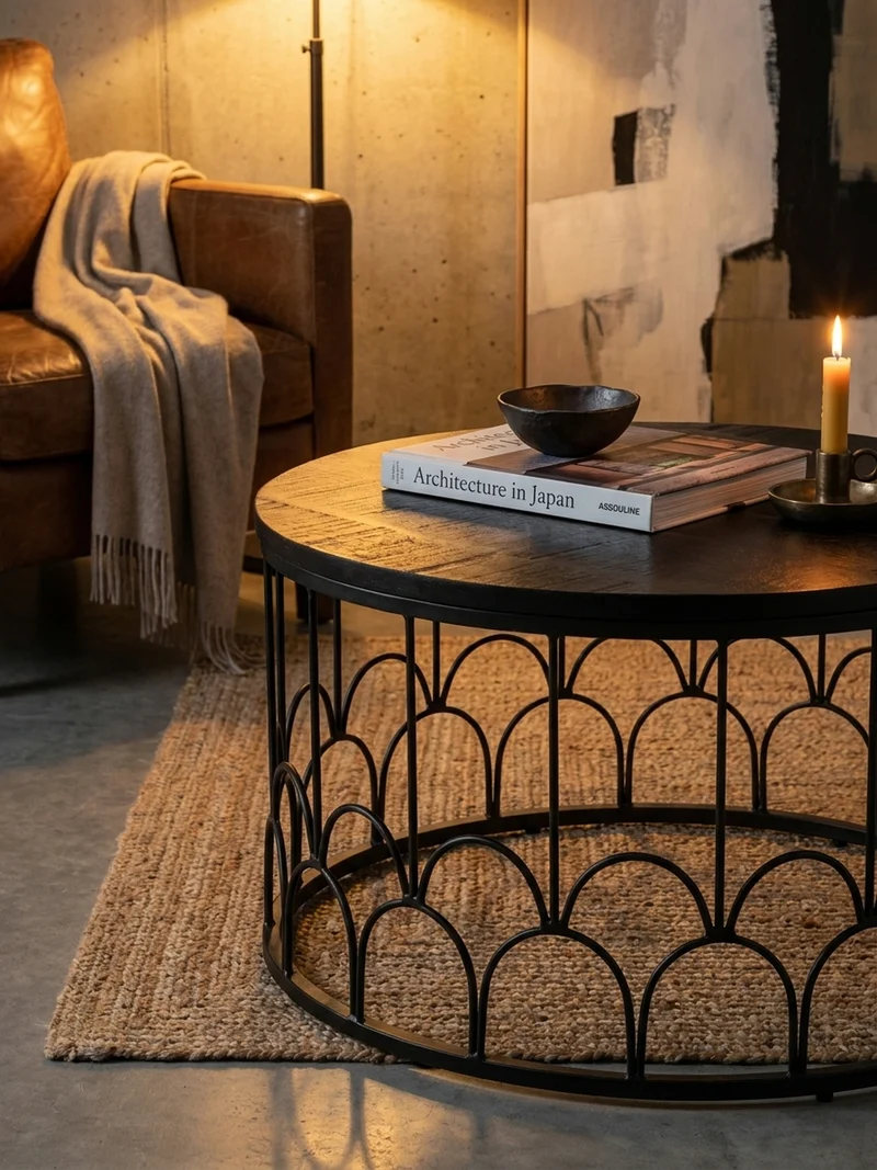 Couchtisch Rund in Schwarz aus Mango Massivholz mit Metallgestell, 60x60x36cm, Industrial Design