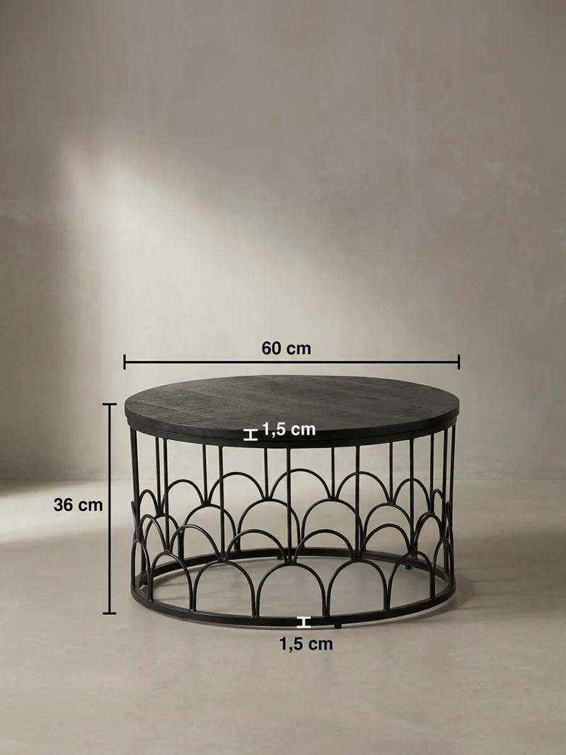 Couchtisch Rund in Schwarz aus Mango Massivholz mit Metallgestell, 60x60x36cm, Industrial Design