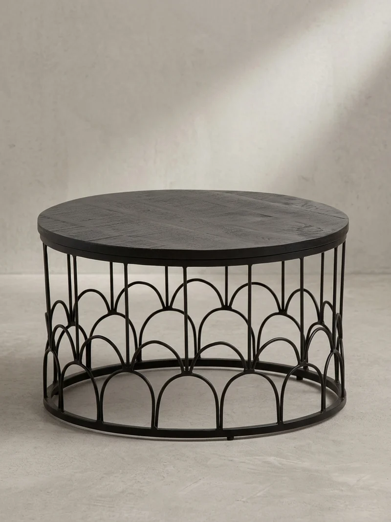 Couchtisch Rund in Schwarz aus Mango Massivholz mit Metallgestell, 60x60x36cm, Industrial Design