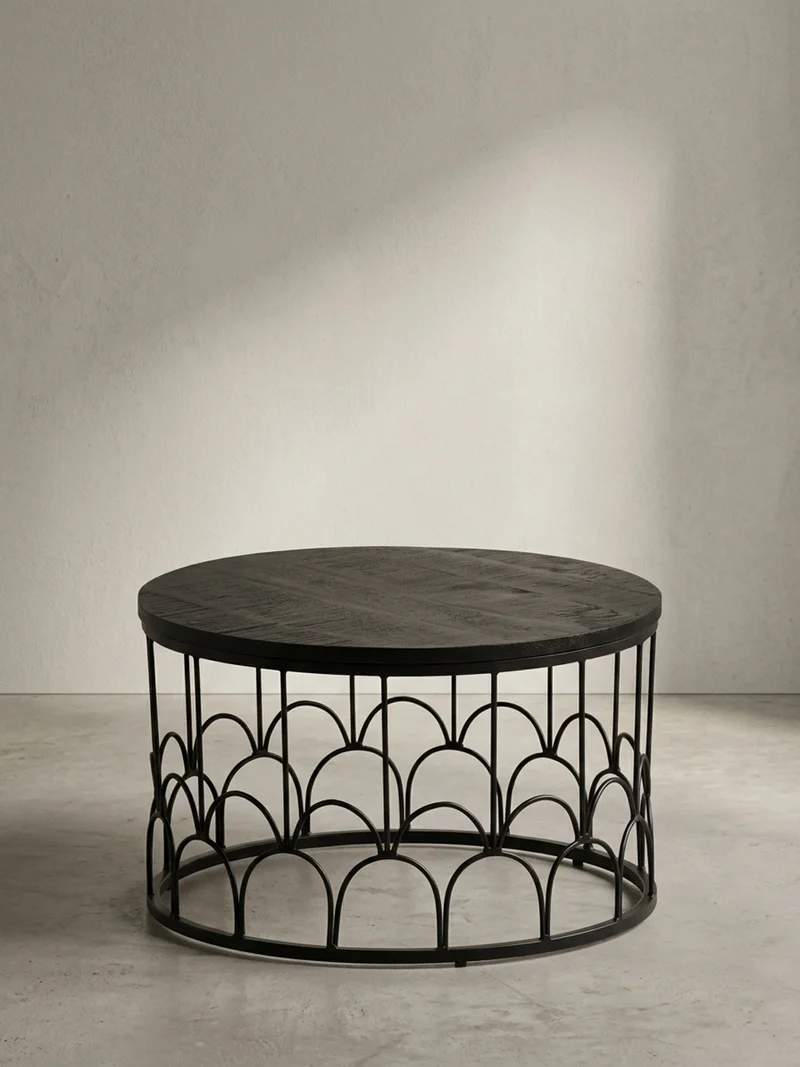 Couchtisch Rund in Schwarz aus Mango Massivholz mit Metallgestell, 60x60x36cm, Industrial Design