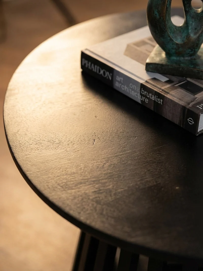 Couchtisch Schwarz Massivholz Mango Rund 60x60x41 cm mit Gittergestell Modern
