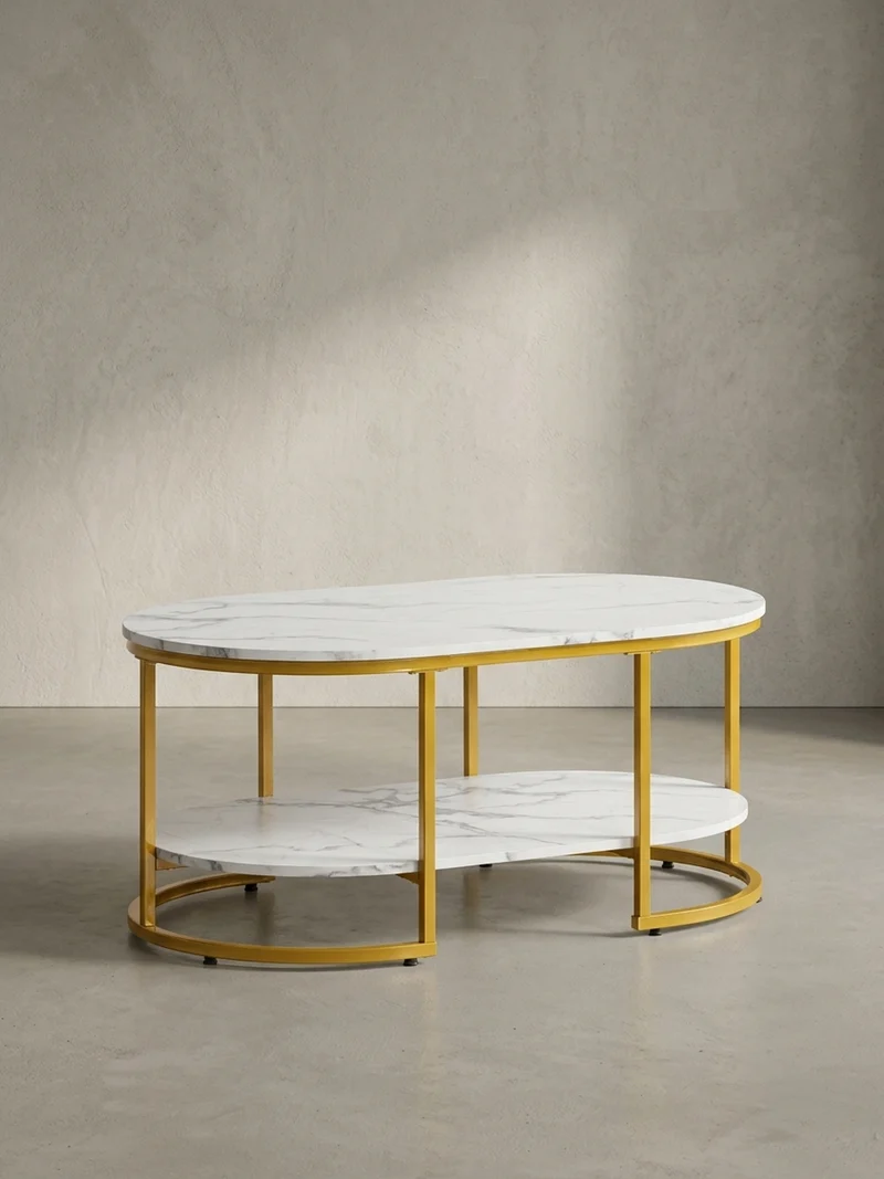 Couchtisch mit Marmor Optik, rechteckig, Ablage, goldenes Metallgestell