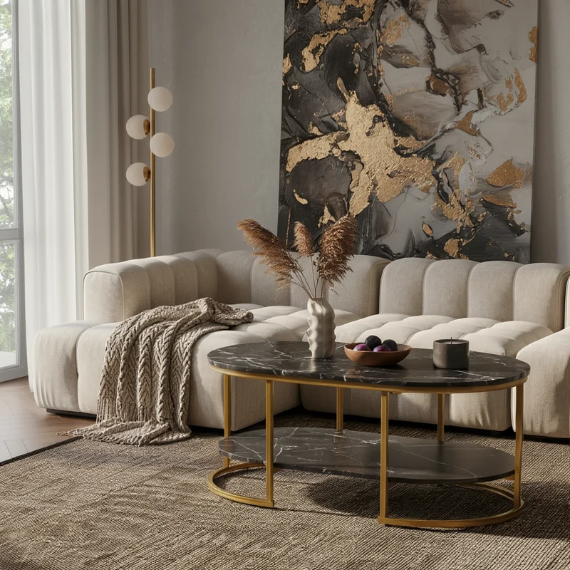 Couchtisch mit Marmor Optik, rechteckig, Ablage, goldenes Metallgestell