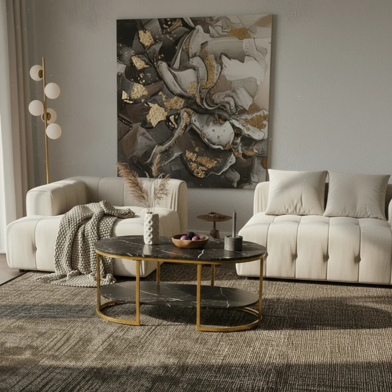 Couchtisch mit Marmor Optik, rechteckig, Ablage, goldenes Metallgestell
