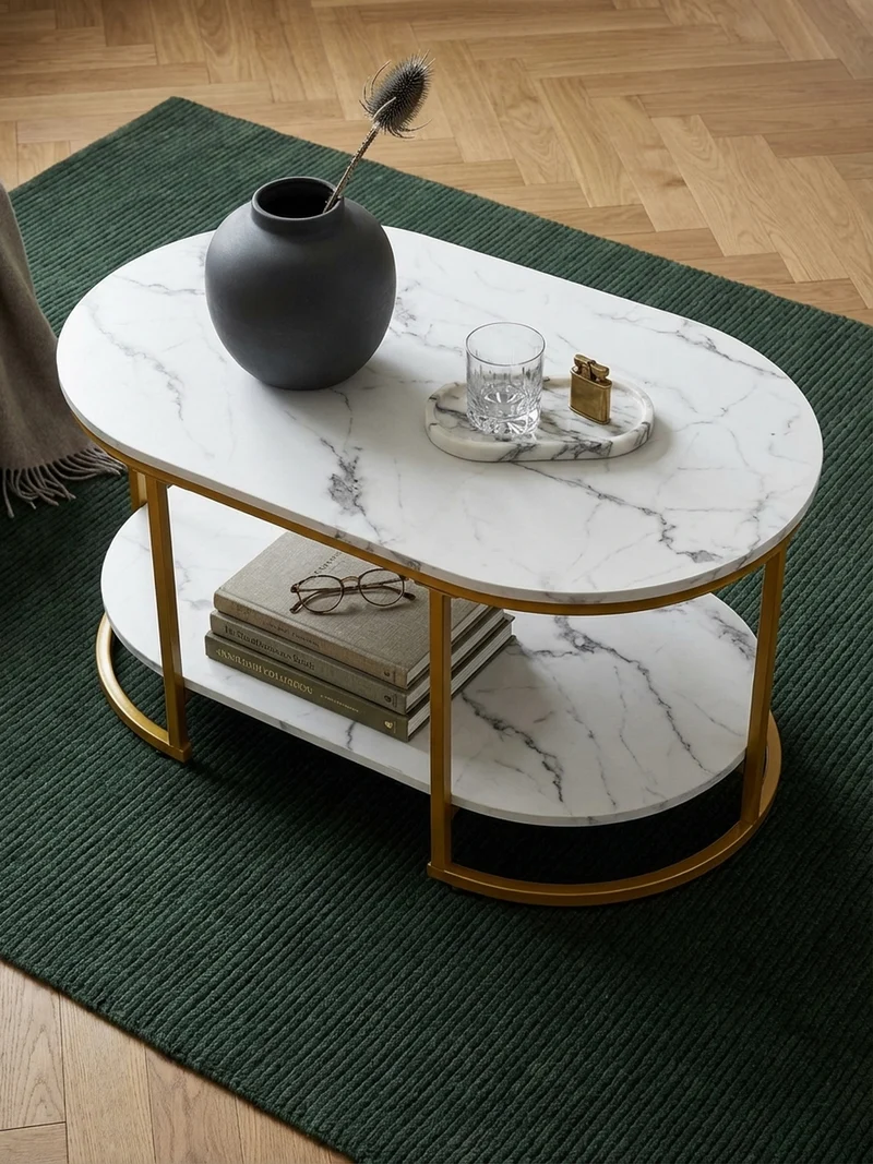 Couchtisch mit Marmor Optik, rechteckig, Ablage, goldenes Metallgestell
