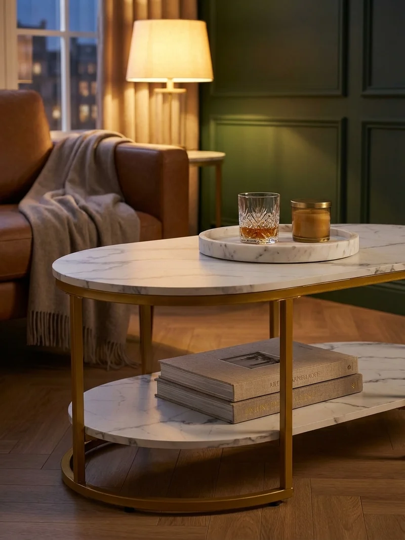Couchtisch mit Marmor Optik, rechteckig, Ablage, goldenes Metallgestell