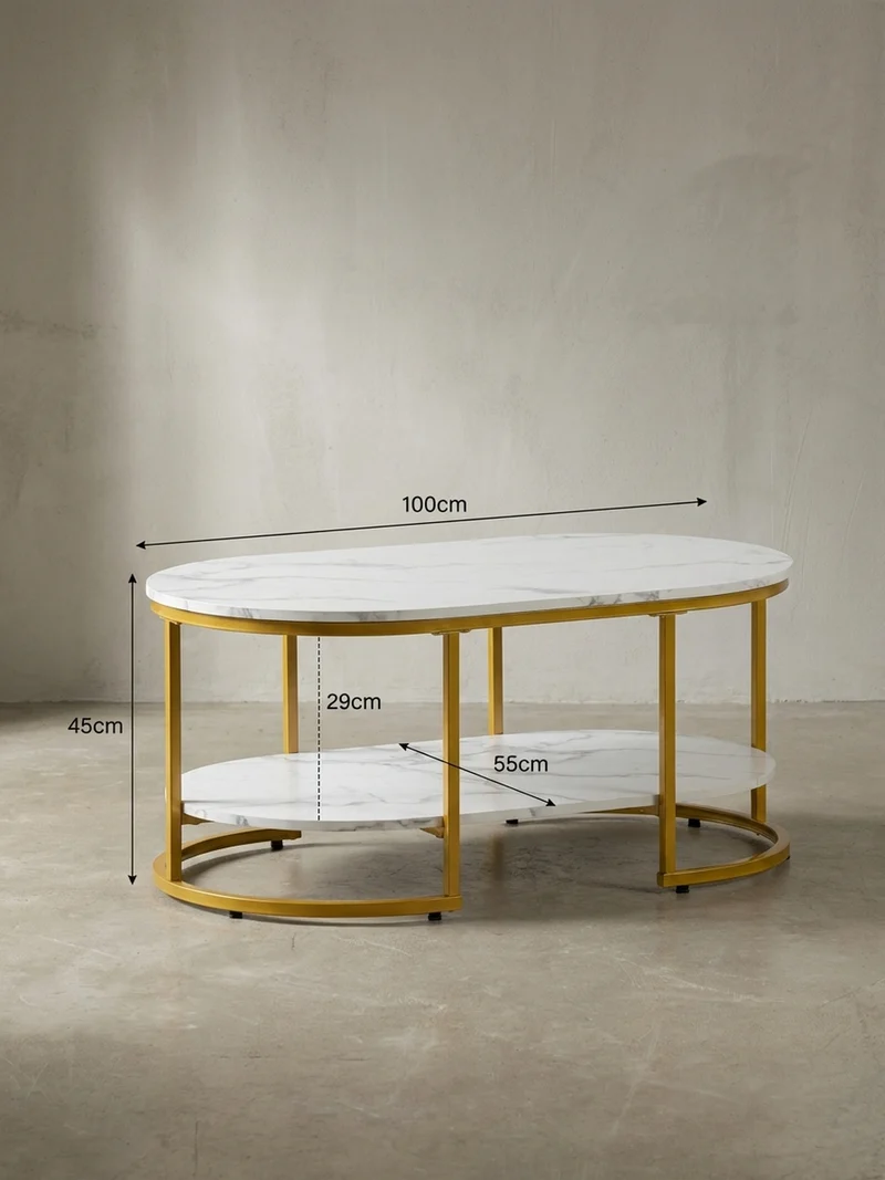 Couchtisch mit Marmor Optik, rechteckig, Ablage, goldenes Metallgestell