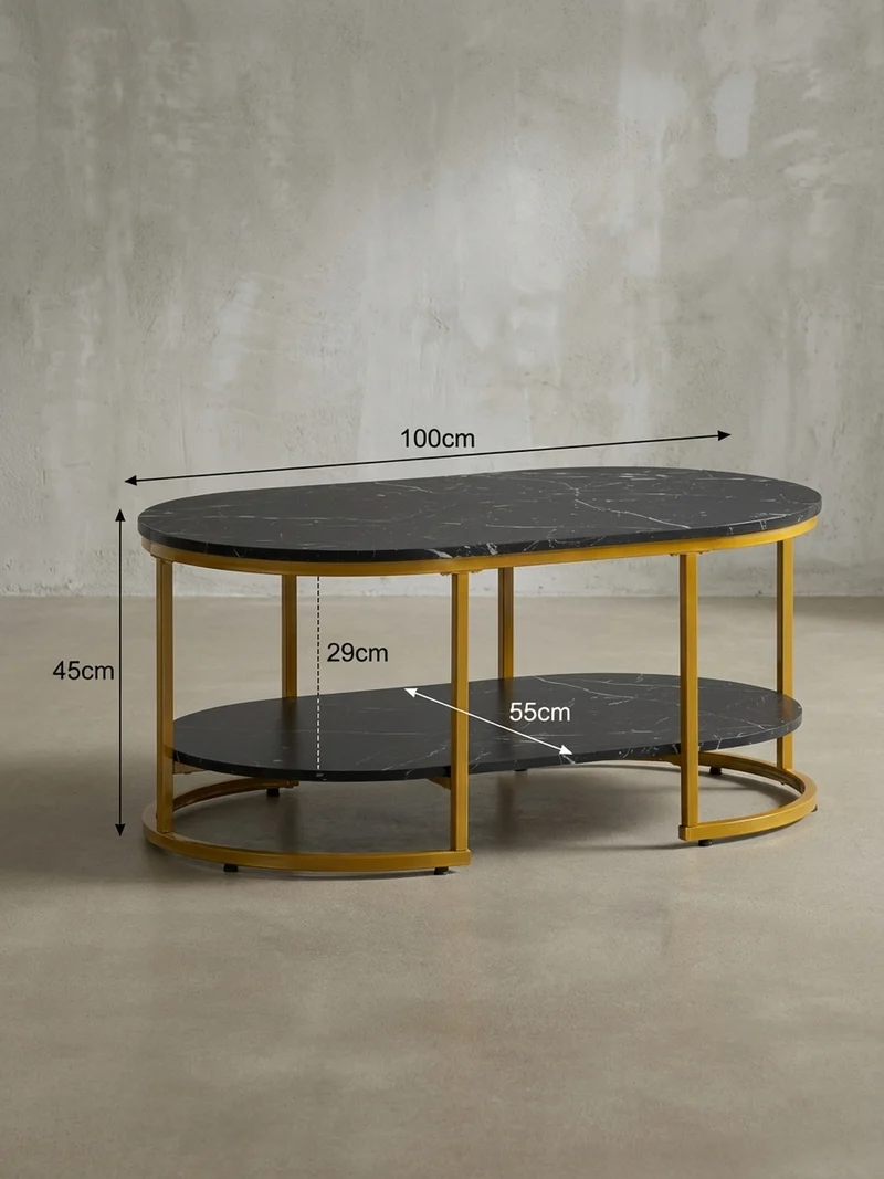Couchtisch mit Marmor Optik, rechteckig, Ablage, goldenes Metallgestell