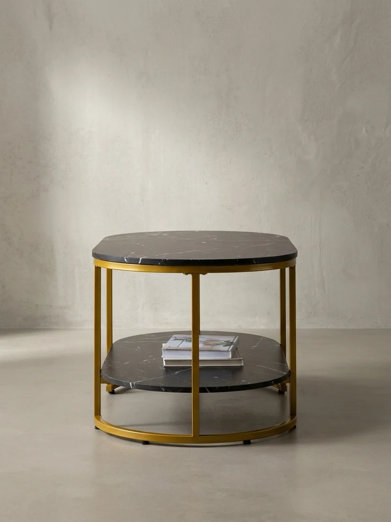 Couchtisch mit Marmor Optik, rechteckig, Ablage, goldenes Metallgestell