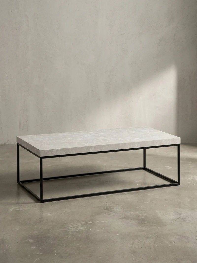 Couchtisch in Stein-Optik mit Metallbeinen, Modernes Design, Rechteckig, Groß