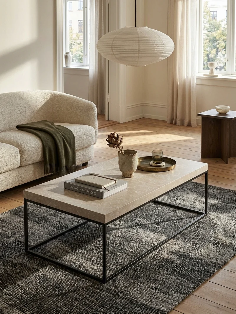Couchtisch in Stein-Optik mit Metallbeinen, Modernes Design, Rechteckig, Groß