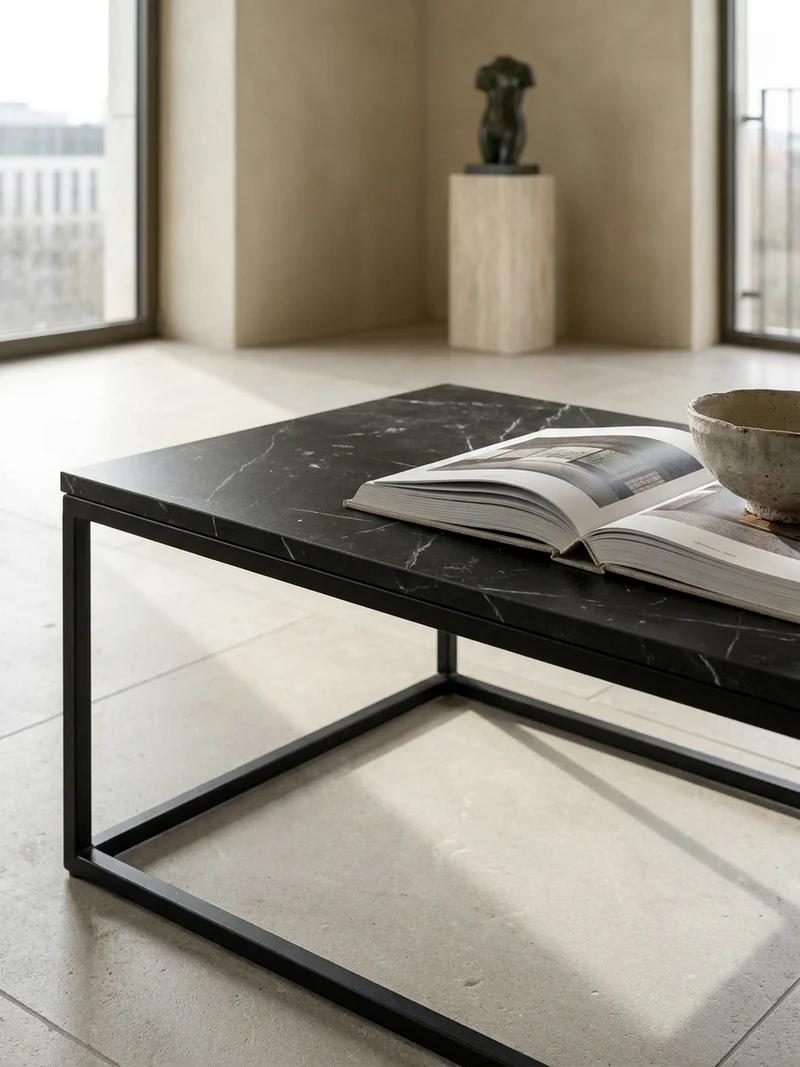 Couchtisch in Stein-Optik mit Metallbeinen, Modernes Design, Rechteckig, Groß