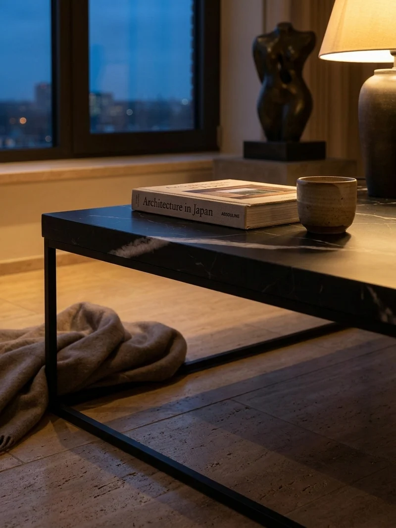 Couchtisch in Stein-Optik mit Metallbeinen, Modernes Design, Rechteckig, Groß
