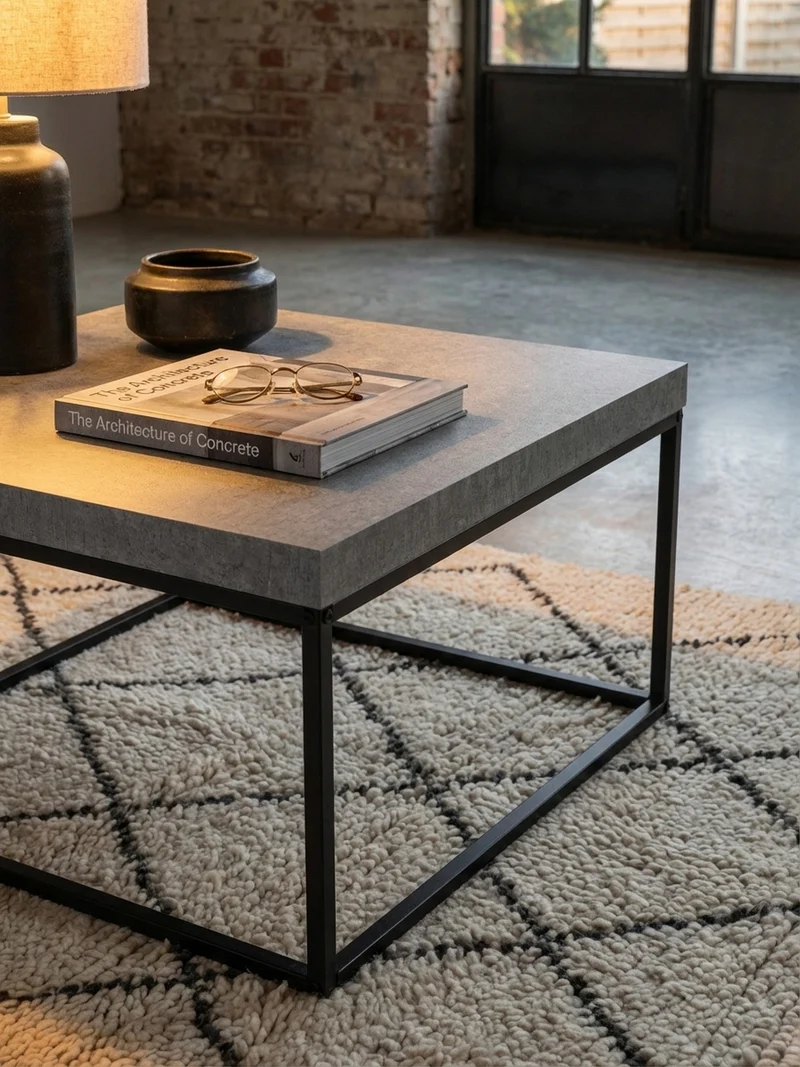 Couchtisch in Stein-Optik mit Metallbeinen im modernen Design