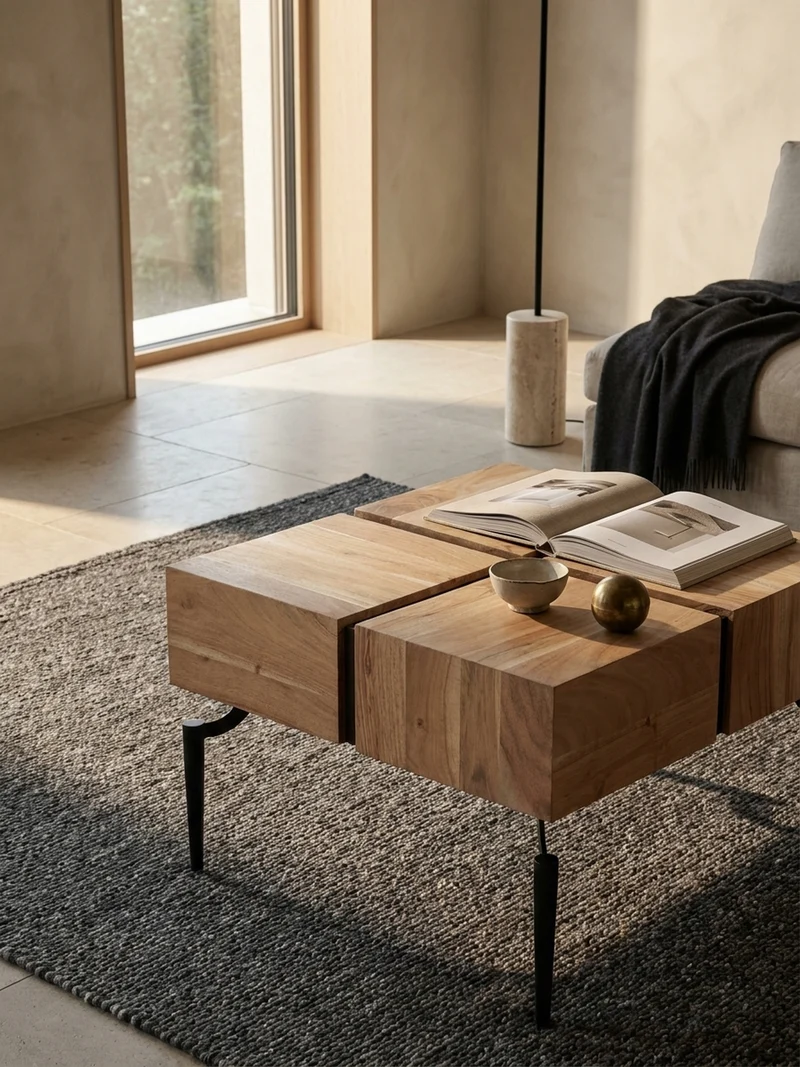 Couchtisch Massivholz Quadratisch Metallgestell Würfel-Form Modern