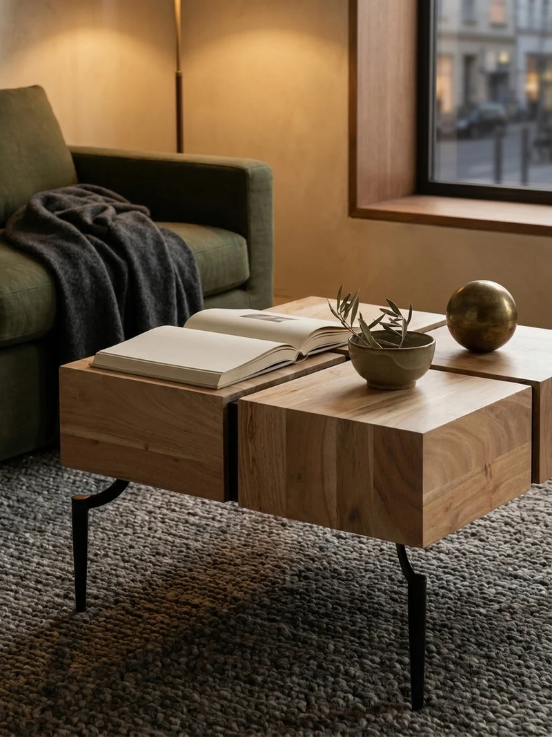 Couchtisch Massivholz Quadratisch Metallgestell Würfel-Form Modern