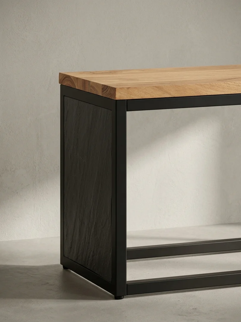 Sitzbank – Akazie Massivholz/Steinoptik, 120x45x35 cm, Metallgestell