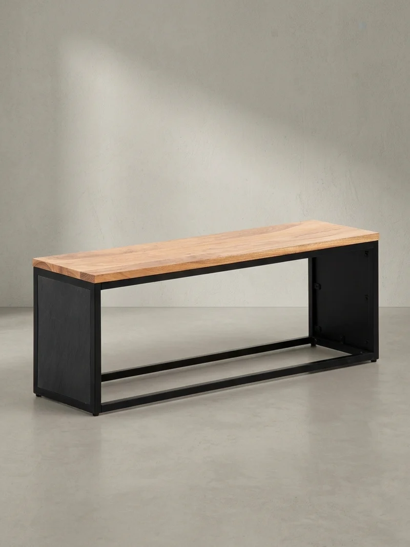 Sitzbank – Akazie Massivholz/Steinoptik, 120x45x35 cm, Metallgestell