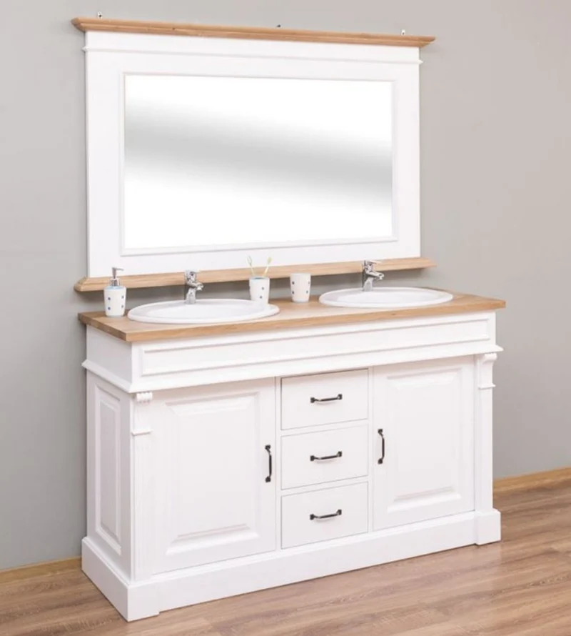 Casa Padrino Landhausstil Badezimmer Set Weiß / Naturfarben - 1 Doppelwaschtisch & 1 Wandspiegel - Massivholz Badezimmermöbel im Landhausstil