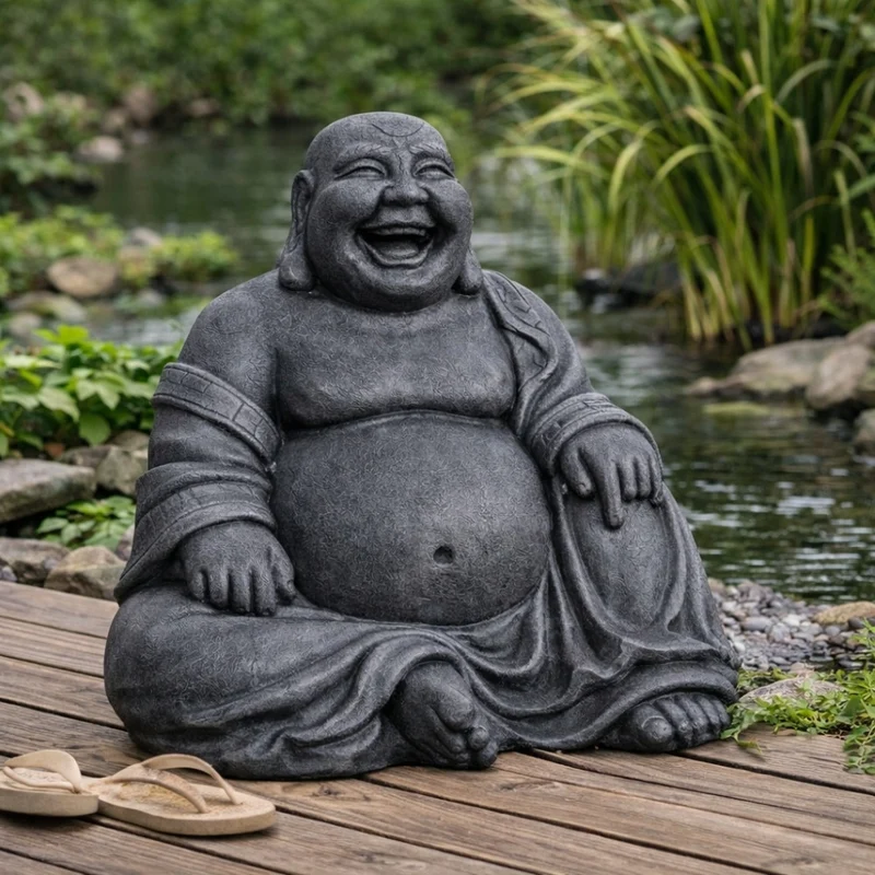 Dekorative Figur LUCKY BUDDHA 110cm Antik-Schwarz Garten Indoor