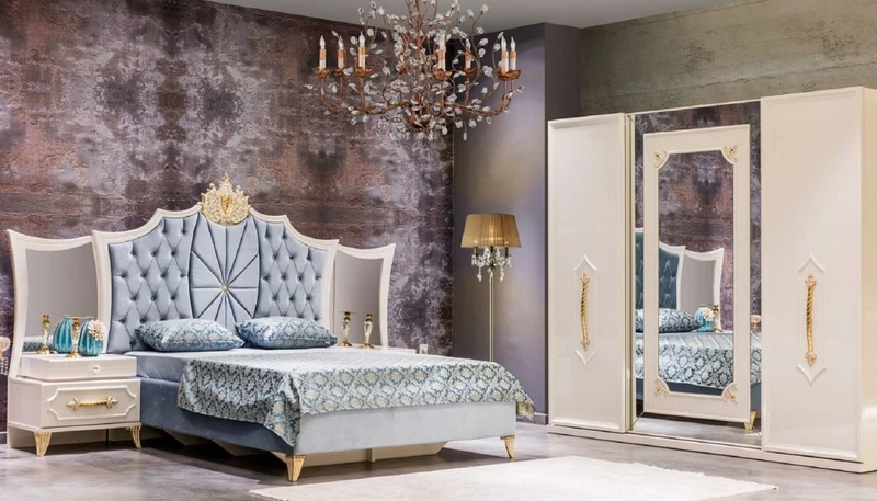 Casa Padrino Luxus Barock Schlafzimmer Set Blau / Weiß / Gold - 1 Doppelbett mit Kopfteil & 2 Nachttische mit Spiegel - Barock Schlafzimmer Möbel - Edel & Prunkvoll
