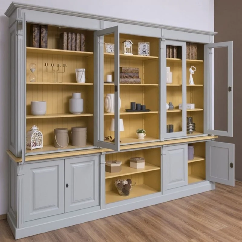 Casa Padrino Landhausstil Wohnzimmerschrank Grau / Gelb 286 x 51 x H. 228 cm - Massivholz Schrank - Bücherschrank - Regalschrank - Landhausstil Möbel