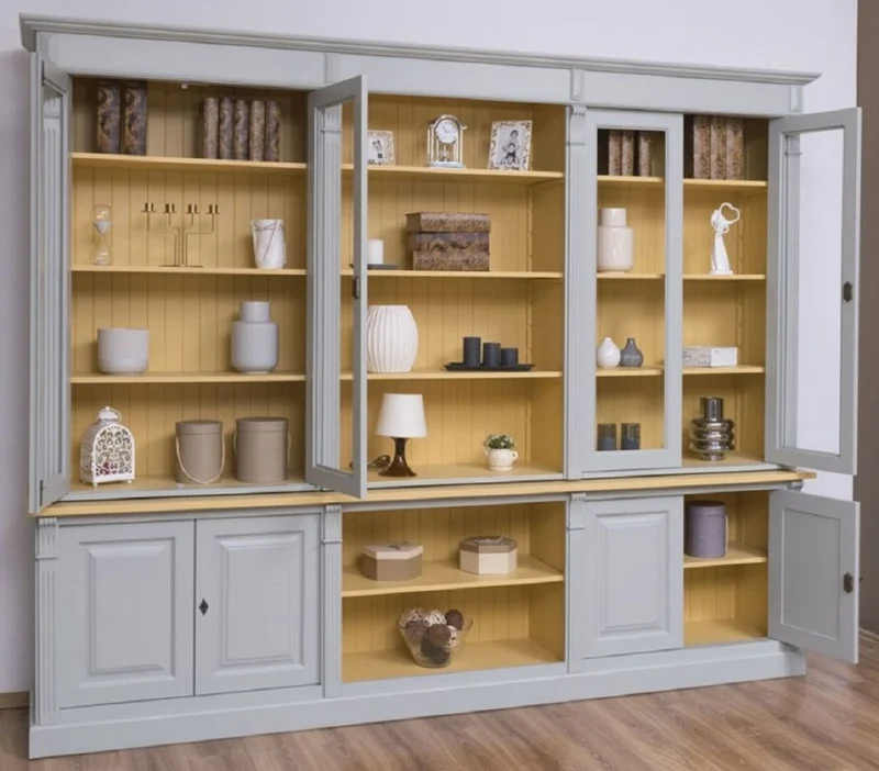 Casa Padrino Landhausstil Wohnzimmerschrank Grau / Gelb 286 x 51 x H. 228 cm - Massivholz Schrank - Bücherschrank - Regalschrank - Landhausstil Möbel