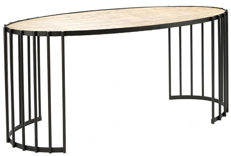 Casa Padrino Luxus Schreibtisch Naturfarben / Schwarz 160 x 40 x H. 74 cm - Ovaler Bürotisch mit Massivholz Tischplatte und Metall Gestell - Luxus Büromöbel