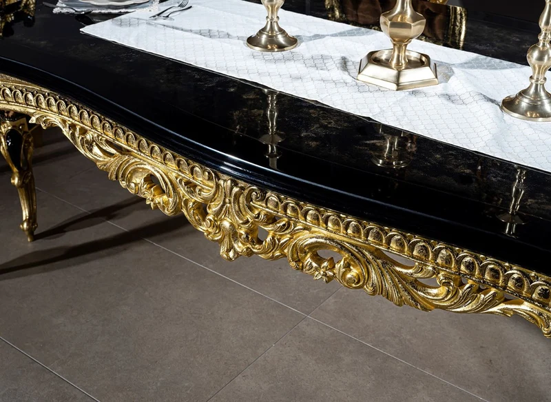 Casa Padrino Luxus Barock Esszimmer Set Braun / Schwarz / Gold - 1 Esstisch & 6 Esszimmerstühle - Prunkvolle Esszimmer Möbel im Barockstil