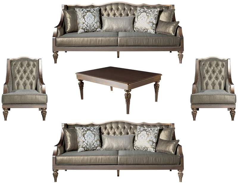 Casa Padrino Luxus Barock Wohnzimmer Set Grün / Silber / Kupfer / Gold - 2 Sofas & 2 Sessel & 1 Couchtisch - Wohnzimmer Möbel im Barockstil - Edel & Prunkvoll